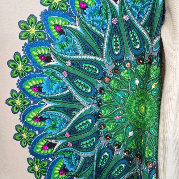 Desigual Long Sleeve V Neck Sweater Mandala Print Blue Green Sequin Sz XL - Picture 3 of 6